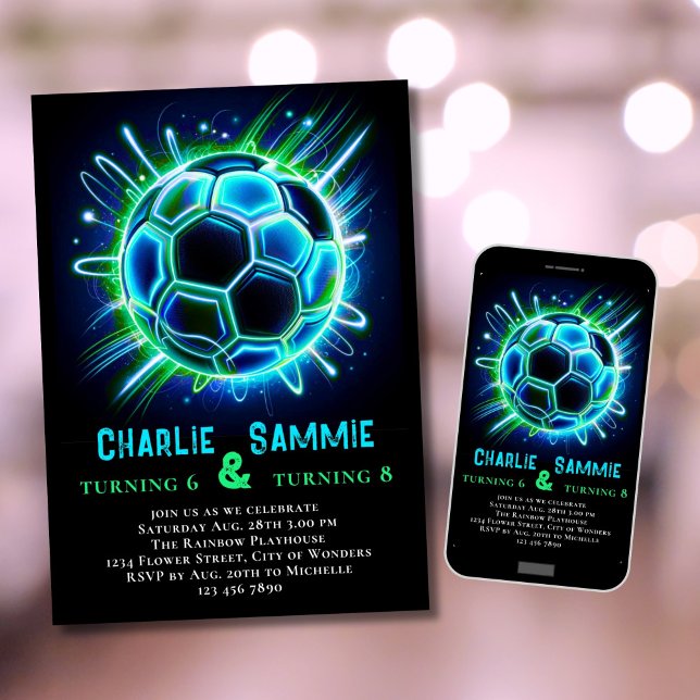Doble invitación de cumpleaños de neón para fútbol (Subido por el creador)