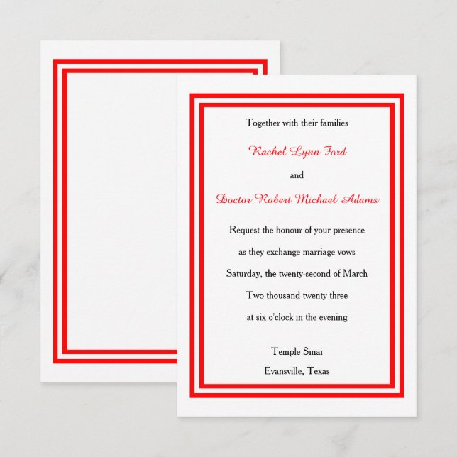 Doble Recorte Rojo - Invitación de Boda 3x5 (Anverso / Reverso)
