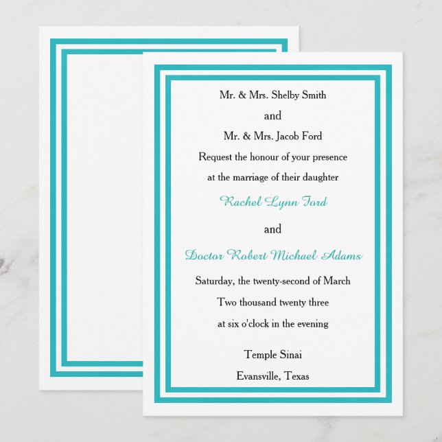 Doble recorte turquesa - Invitación de boda 5x7 (Anverso / Reverso)
