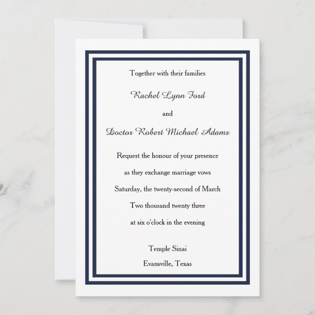Doble Trim Navy -5x7 Invitación de Boda (Anverso)