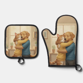 Dog and Cat Hug Oven Mitt and Pot Holder Set