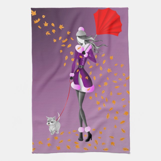 Dog & Lady Autumn deja toalla de té morado (Vertical)