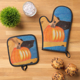 Dog paws and pumpkin oven mitt & pot holder set