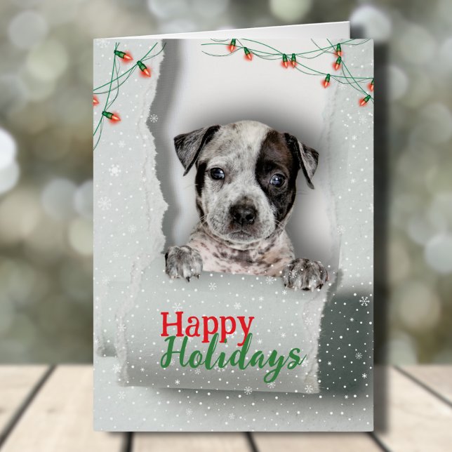 Dog Peeking Navidades Leyenda Tarjeta de vacacione (This cutecard with a pup peeking out of torn paper, wishing you a happy holiday season! With love!)