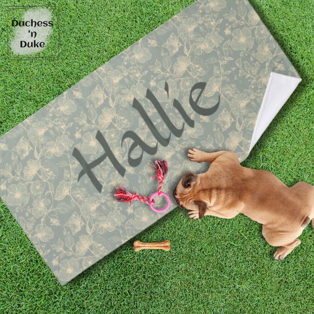 Dog Towel - Sage Green Botanical, Personalized  (Personalized Sage Green Botanical Pet Towel on green lawn and puppy with toys)