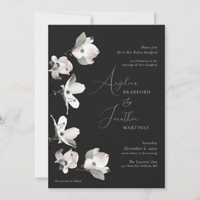 Dogwood formal botánico blanco negro invitación (Anverso)