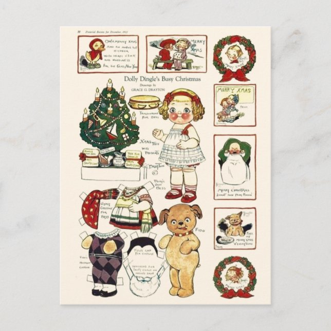 Dolly Dingle Doggie Paper Dolls Vintage Navidad (Anverso)