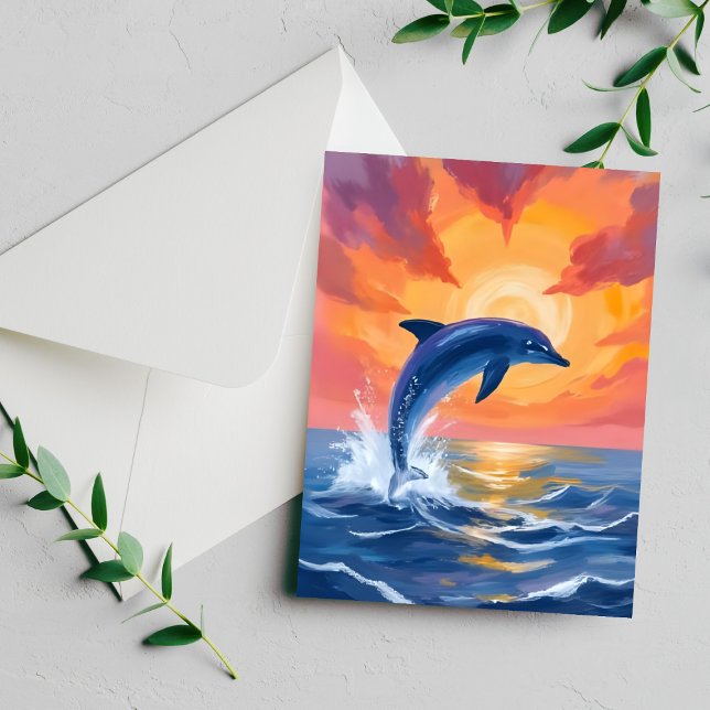 Dolphin Leap Sunset Watercolor Ocean Painted Card (Subido por el creador)