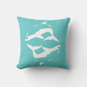 DOLPHINS blancos sobre almohada azul verde azulada
