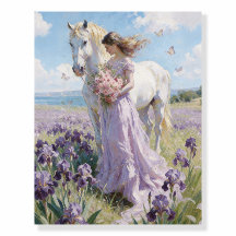 Doncella antigua con caballo blanco en campo de ir