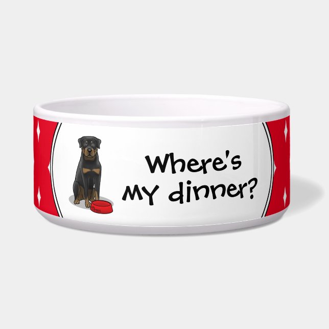 ¿Dónde está mi cena? Rottweiler con plato de perro (Frente)