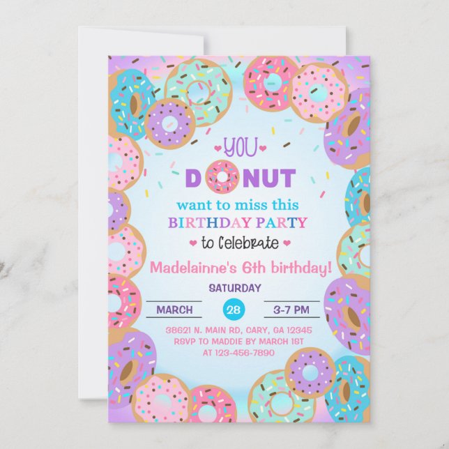 Donut, donuts, chica 6ª invitación de cumpleaños. (Anverso)