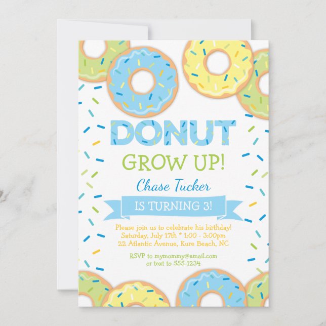 Donut Grow Up Boy Birthday Invitación Blue (Anverso)