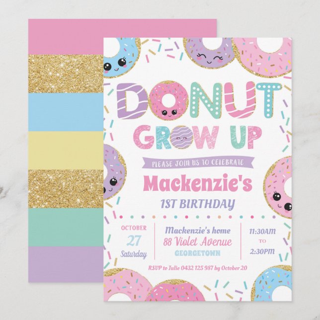 Donut Grow Up Kawaii Chica de invitaciones a cumpl (Anverso / Reverso)