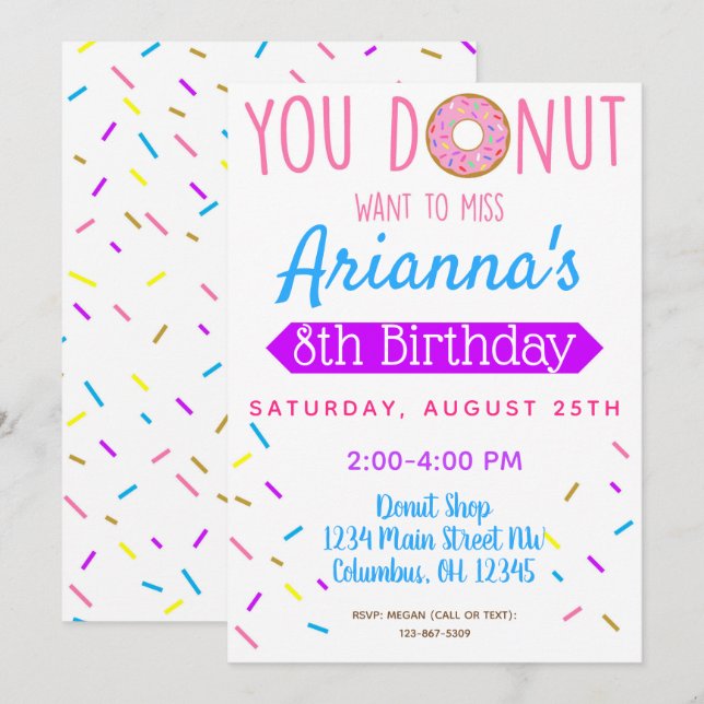 Donut, Invitación de Fiesta de cumpleaños de niños (Anverso / Reverso)