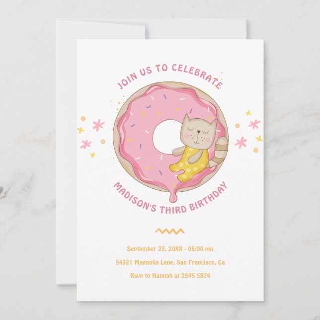 Donut Rosado Con Invitación De Cumpleaños Del Gato (Anverso)