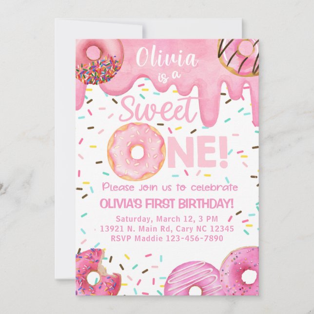 Donuts rosas dulces, una invitación de cumpleaños  (Anverso)