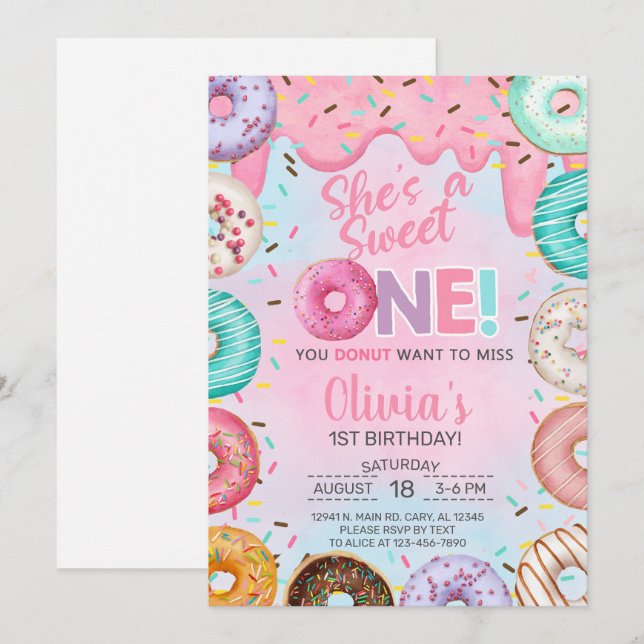 Donuts Sweet One chica 1ª invitación de cumpleaños (Anverso / Reverso)
