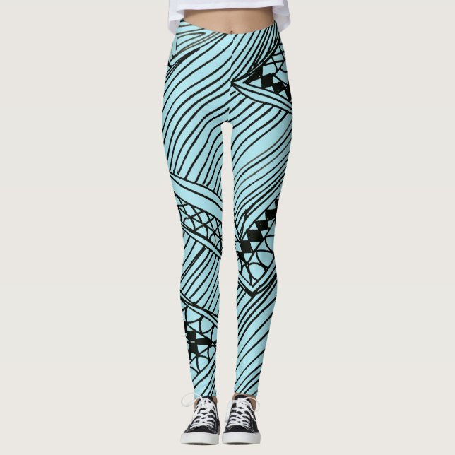 Doodle 1A Black Aqua Blue Leggings (Anverso)