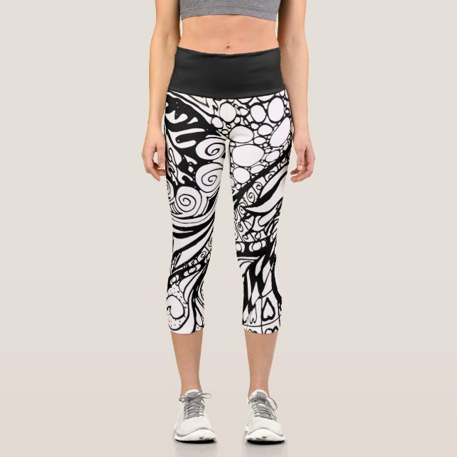 Doodle 1E Black White 1 Capri Leggings (Anverso)