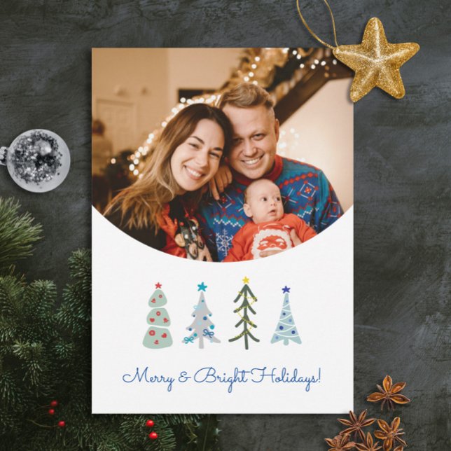 Doodle de árboles de Navidad escandinavos (Elegant hygge Scandinavian photo custom Christmas card. Personalize it with your photo and text.)