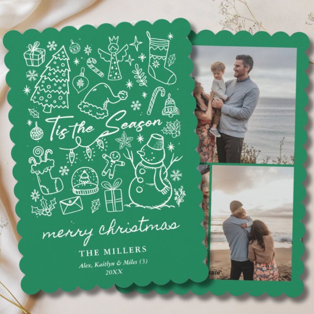 Doodle de Navidad Moderno Verde Es la Temporada (Modern Green Tis the Season Christmas Doodle Holiday Card
)