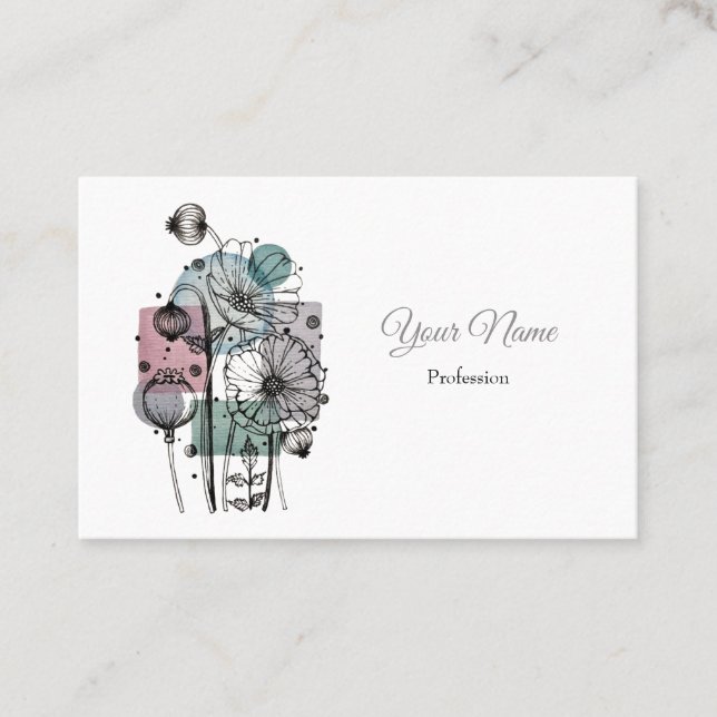 Doodle De Poppies En Tarjeta De Negocios De Tinta  (Anverso)