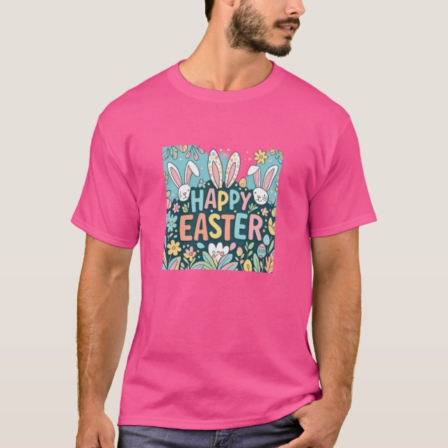 Doodle Floral Happy Easter Bunnies Mens Camiseta (Anverso)