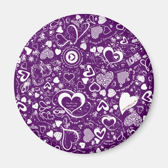 Doodles de amor cardíaco imán redondo morado-blanc (Frente)