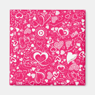 Doodles de amor de corazón imán de plaza rosa-blan