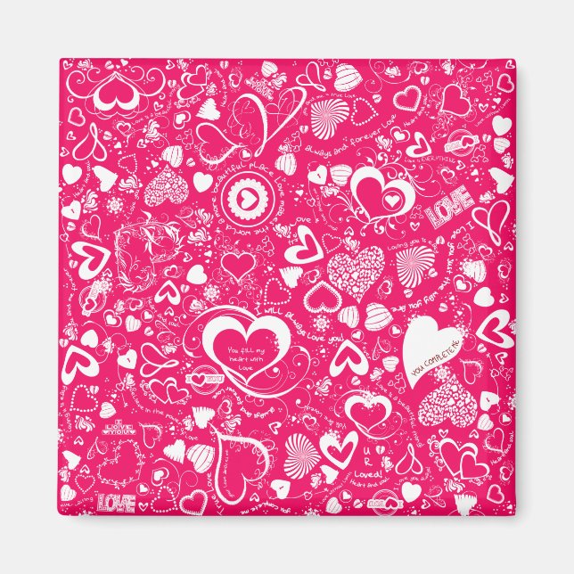 Doodles de amor de corazón imán de plaza rosa-blan (Frente)