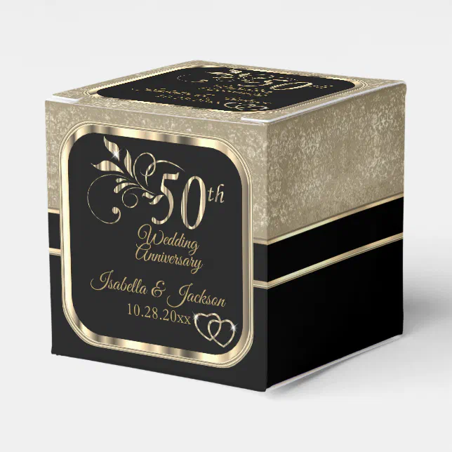 Caja Para Regalos 50.º Aniversario Boda Corazones de Oro Elegantes