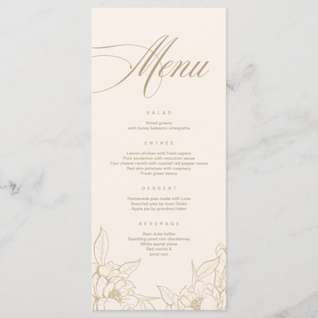 dorada floral Peony, marfil Boda Carta de menú (Anverso)