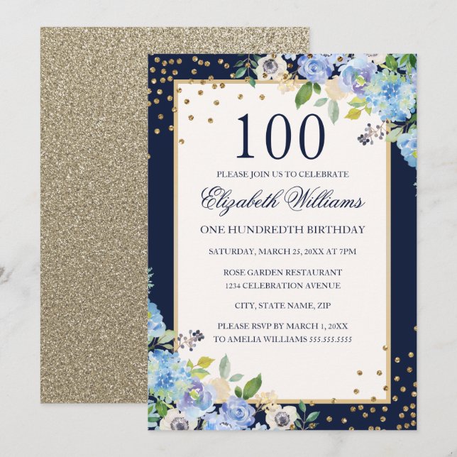 Dorado Blue floral Sparkle 100.ª invitación de cum (Anverso / Reverso)