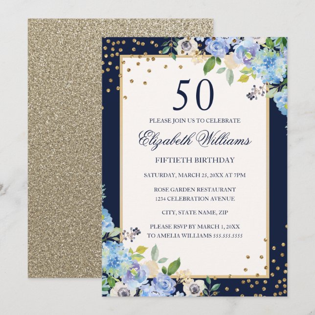 Dorado Blue floral Sparkle Invitación a los 50 cum (Anverso / Reverso)