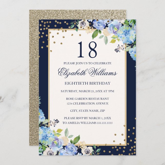 Dorado Blue floral Sparkle Invitación de cumpleaño (Anverso / Reverso)