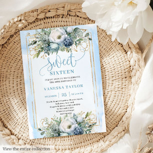 Dorado Dusty Blue Floral Blue Dulce 16 Invitación