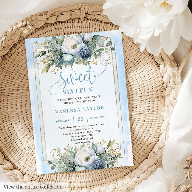 Dorado Dusty Blue Floral Blue Dulce 16 Invitación (Golden Dusty Blue White Floral Sweet 16 Invitation)