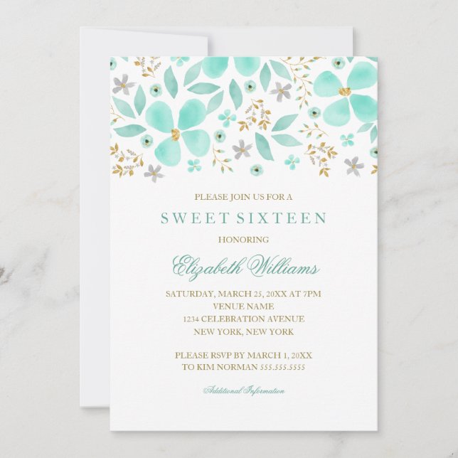 Dorado Floral Mint Leaf Sweet 16 Invitación (Anverso)