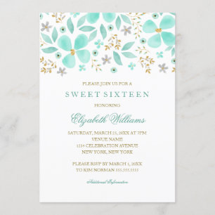 Dorado Floral Mint Leaf Sweet 16 Invitación
