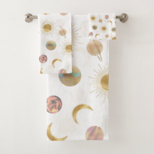 Dorado Sun Moon Planetas Espacio ilustracion Blanc