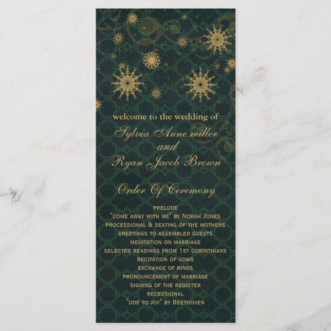 dorado verde Snowflakes programas de boda longitud (Anverso)