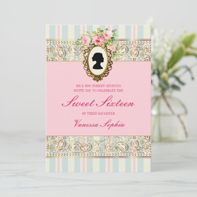 Dorado Vintage Regency Sweet 16 Invitaciones (Anverso de pie)