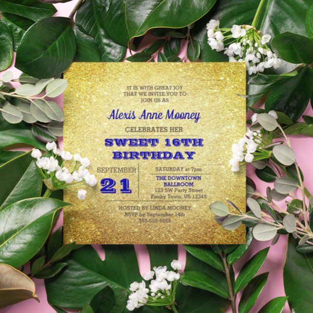 Dorado y zafiro Azul Sparkly Sweet 16 Invitación (Subido por el creador)