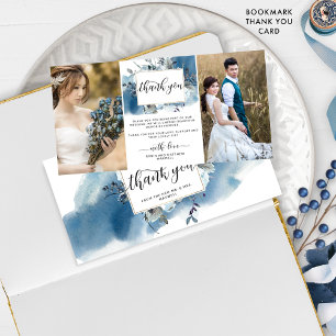 Dos Bodas Foto Azul Agradecimiento Floral Acuarela