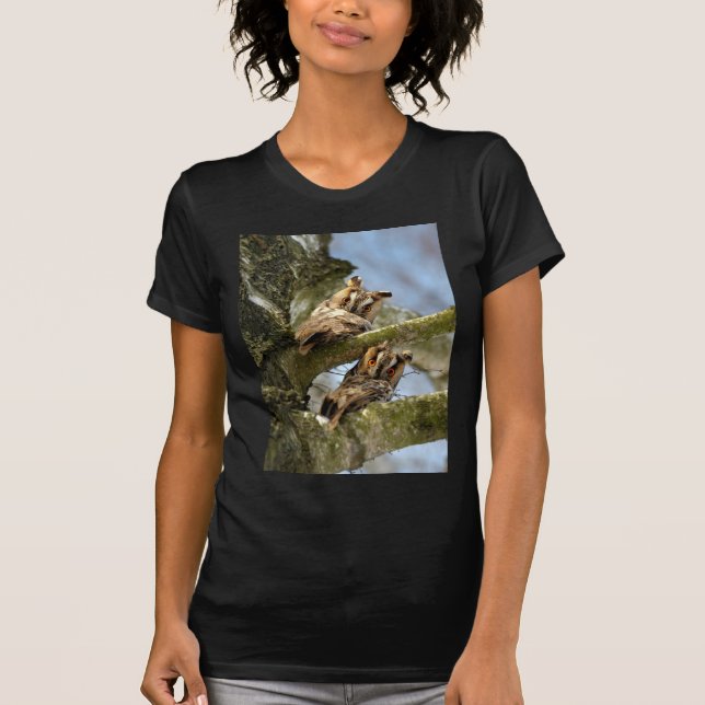 Dos búhos en el bosque, aves, camiseta de la vida  (Anverso)