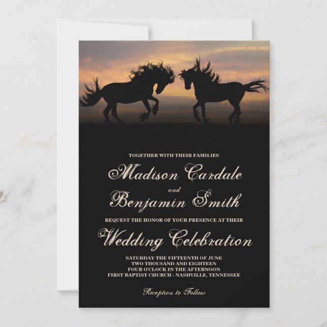Dos caballos en las invitaciones a la boda campest (Anverso)