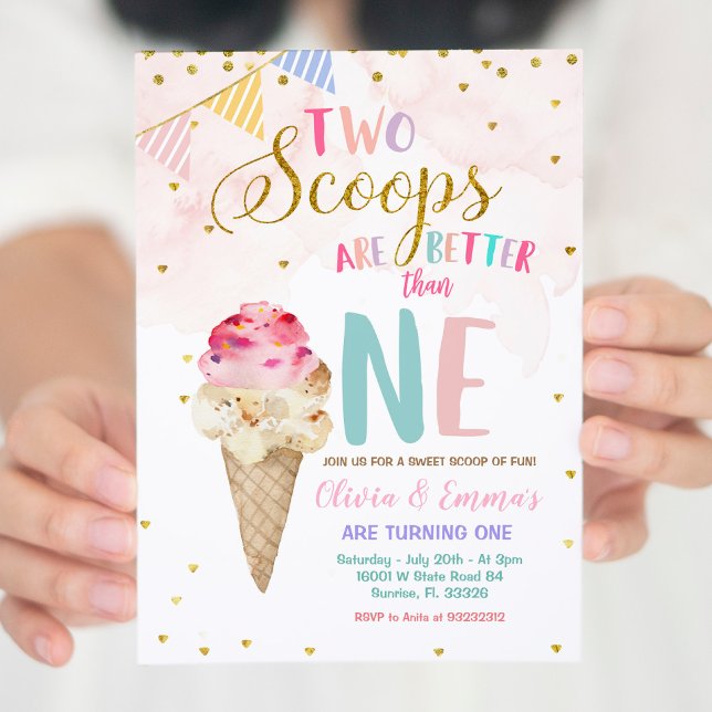 Dos Chicas gemelos Cone Ice Cream Invitación al cu (Subido por el creador)