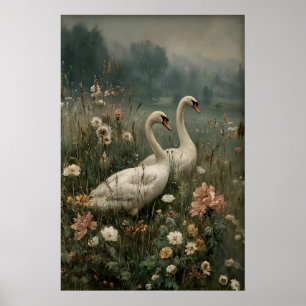Dos cisnes arte antiguo imprimible, flor de cisne