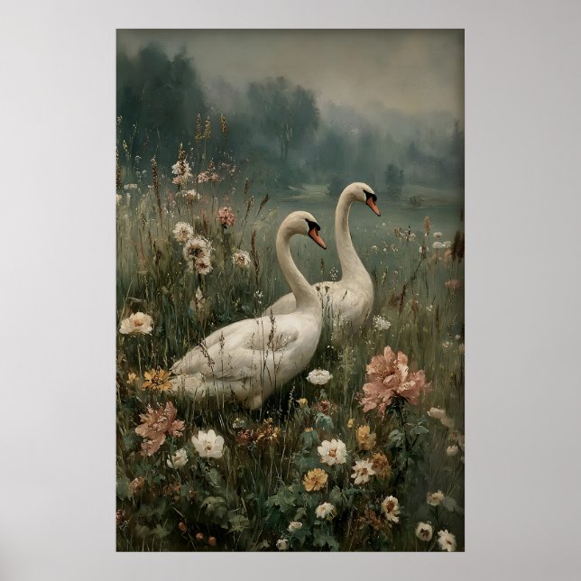 Dos cisnes arte antiguo imprimible, flor de cisne (Frente)